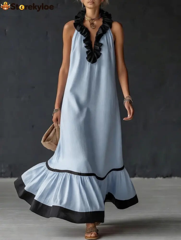 Stylish Simple Sleeveless Color-blocked Ruffled V-neck Cotton Linen Maxi Dress - Sky blue / S
