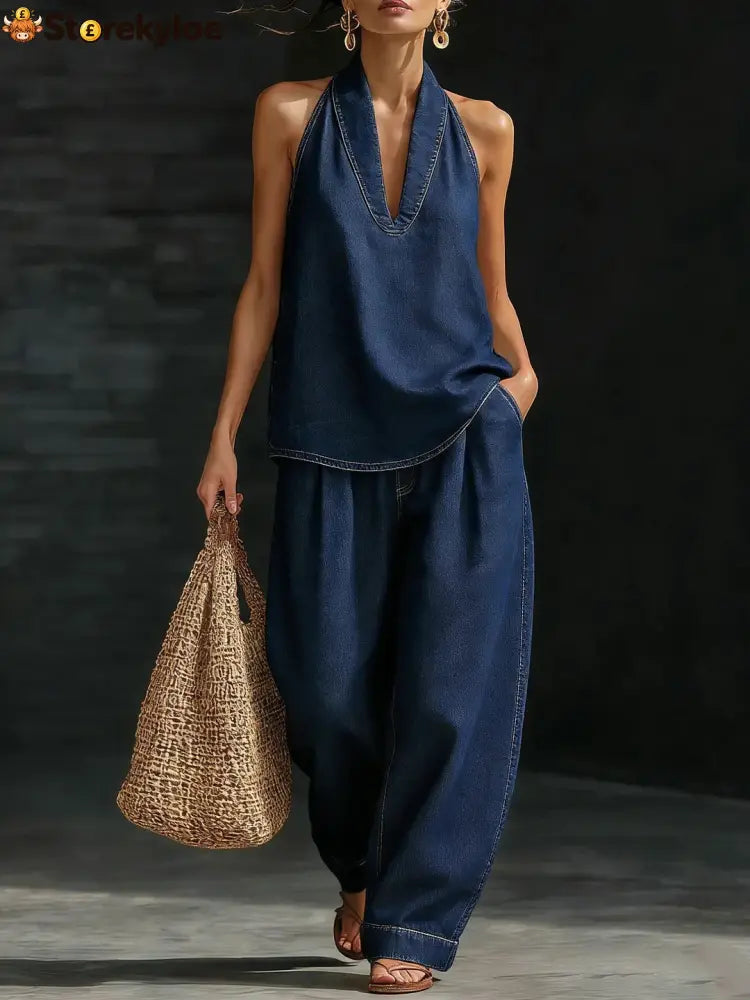 Stylish Urban Retro Denim Sleeveless Top And Wide Leg Pants Set - Dark blue / S