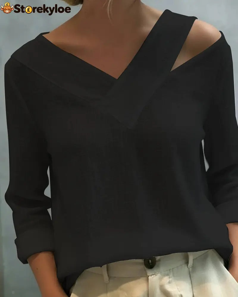 Stylish V-Neck Off-The-Shoulder Top - Black / S