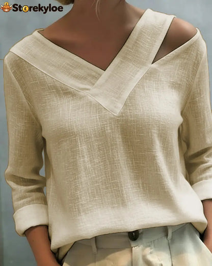Stylish V-Neck Off-The-Shoulder Top - Khaki / S