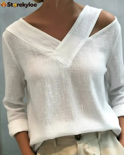 Stylish V-Neck Off-The-Shoulder Top - White / S
