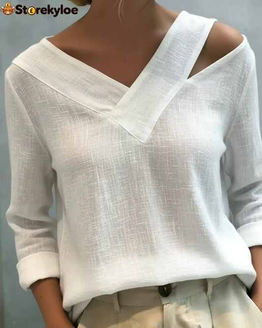 Stylish V-Neck Off-The-Shoulder Top - White / S