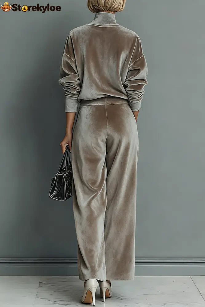 Stylish Velvet Turtleneck Long-sleeved Top and Casual Pocket Wide-leg Pants Set