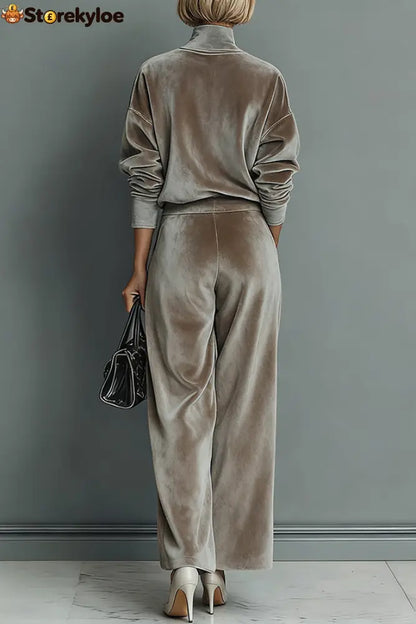 Stylish Velvet Turtleneck Long-sleeved Top and Casual Pocket Wide-leg Pants Set