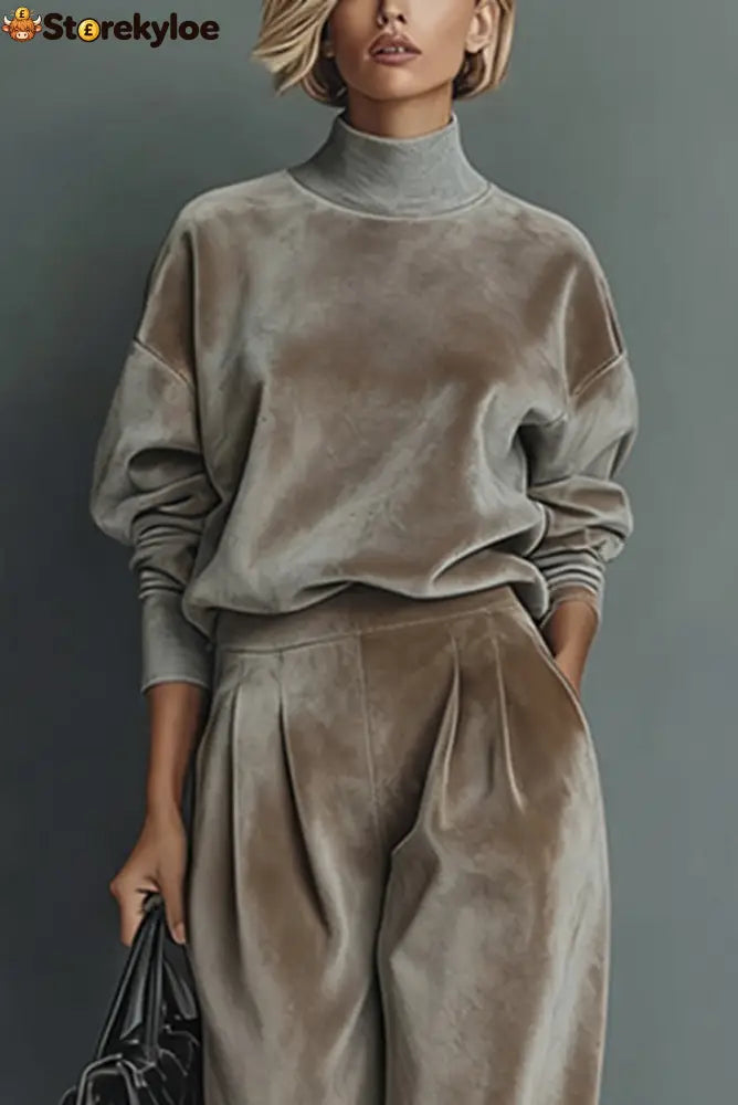 Stylish Velvet Turtleneck Long-sleeved Top and Casual Pocket Wide-leg Pants Set