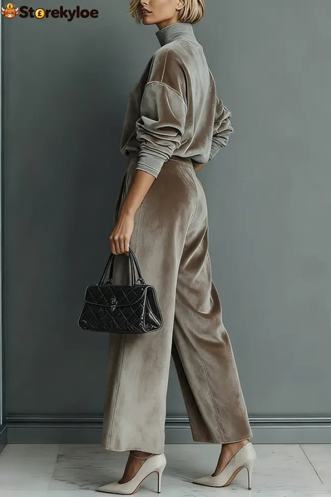 Stylish Velvet Turtleneck Long-sleeved Top and Casual Pocket Wide-leg Pants Set