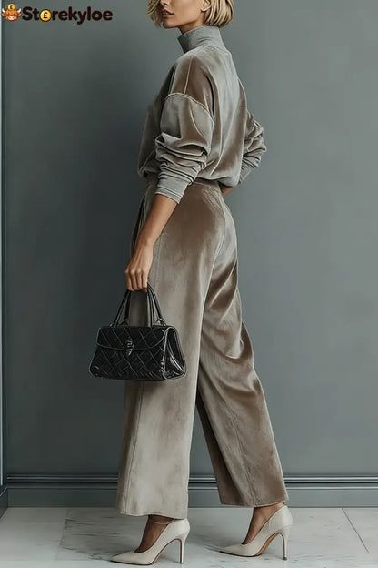 Stylish Velvet Turtleneck Long-sleeved Top and Casual Pocket Wide-leg Pants Set