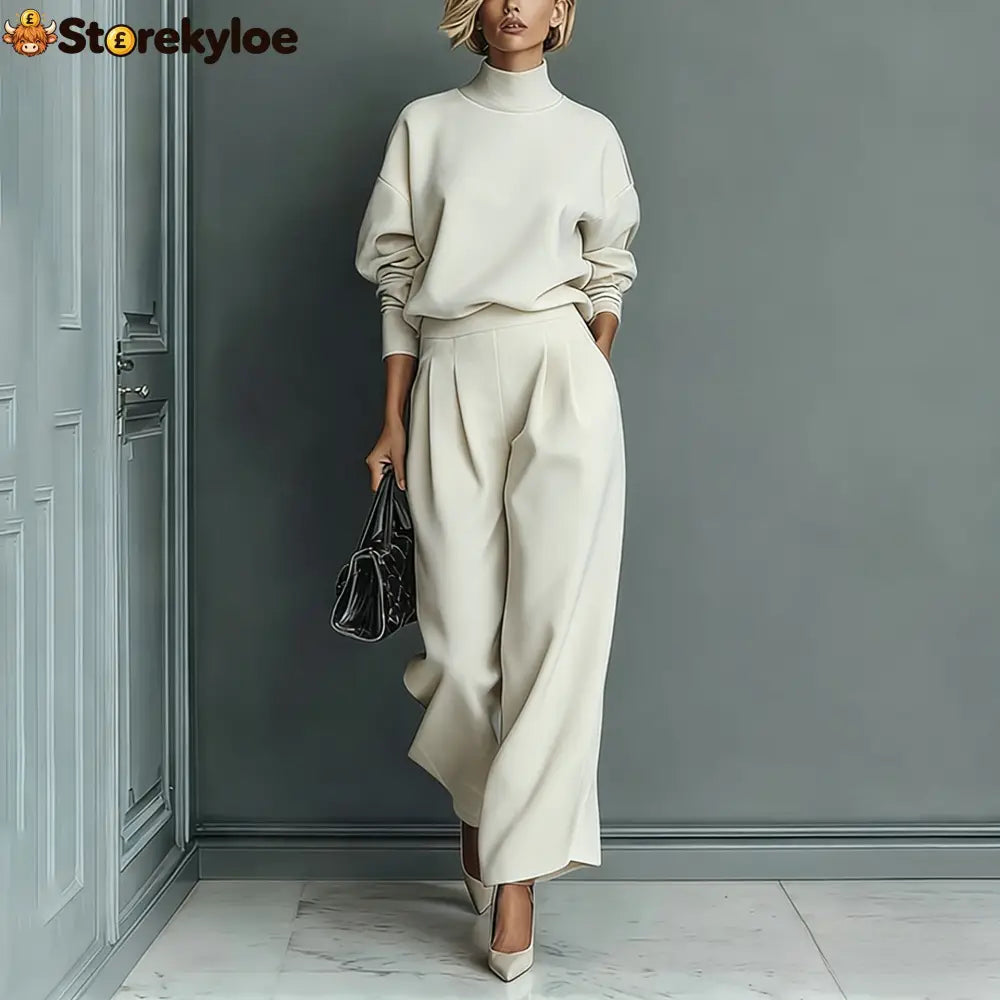 Stylish Velvet Turtleneck Long-sleeved Top and Casual Pocket Wide-leg Pants Set