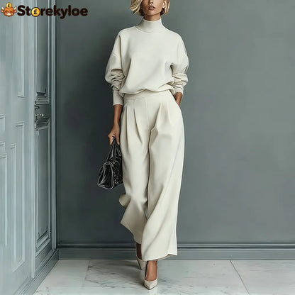 Stylish Velvet Turtleneck Long-sleeved Top and Casual Pocket Wide-leg Pants Set