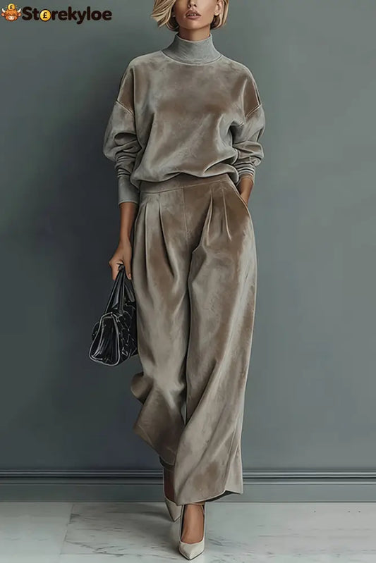 Stylish Velvet Turtleneck Long-sleeved Top and Casual Pocket Wide-leg Pants Set - Ash / XS