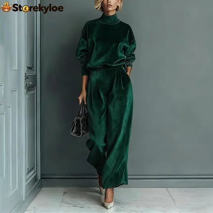 Stylish Velvet Turtleneck Long-sleeved Top and Casual Pocket Wide-leg Pants Set - Dark Green / XS