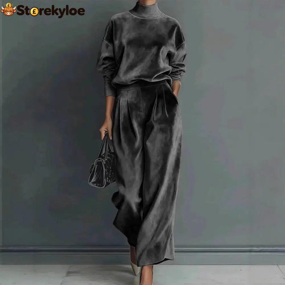 Stylish Velvet Turtleneck Long-sleeved Top and Casual Pocket Wide-leg Pants Set - Drak Gray / XS