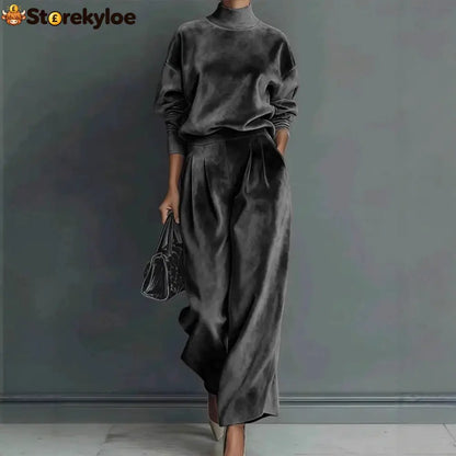 Stylish Velvet Turtleneck Long-sleeved Top and Casual Pocket Wide-leg Pants Set - Drak Gray / XS