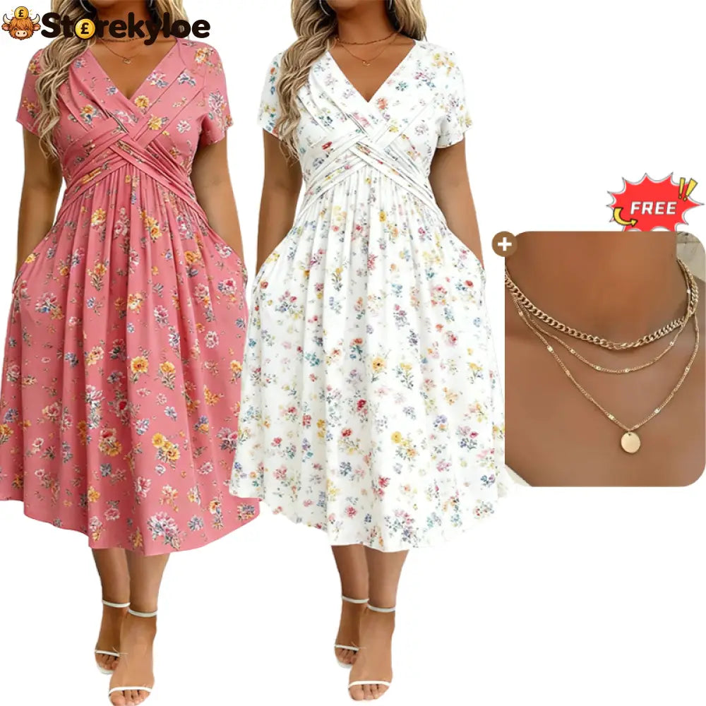 💃Summer Hot Sale 70% OFF🌿⏳Women's V-Neck Floral Print Dress with Twist Waist