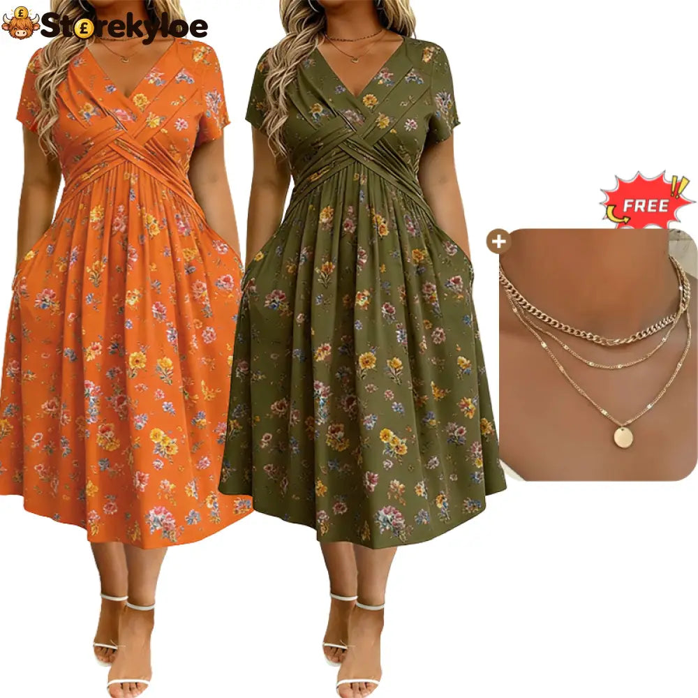💃Summer Hot Sale 70% OFF🌿⏳Women's V-Neck Floral Print Dress with Twist Waist