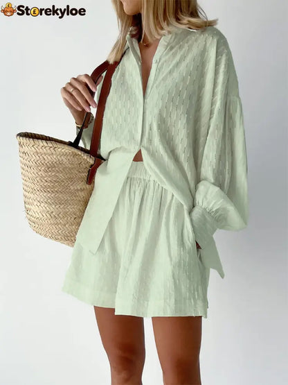 Summer Women Shorts Sets Shirt Shorts Suit 2 Piece Set Sleeve Outfits Homewear - GREEN / S