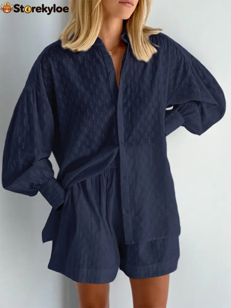 Summer Women Shorts Sets Shirt Shorts Suit 2 Piece Set Sleeve Outfits Homewear - NAVY / S