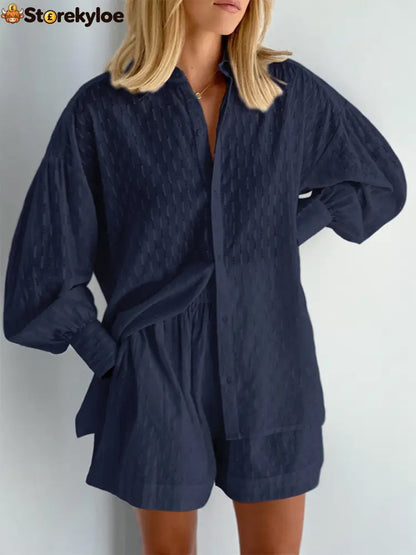 Summer Women Shorts Sets Shirt Shorts Suit 2 Piece Set Sleeve Outfits Homewear - NAVY / S