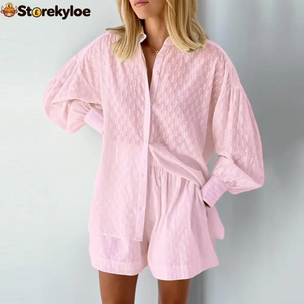 Summer Women Shorts Sets Shirt Shorts Suit 2 Piece Set Sleeve Outfits Homewear - PINK / S