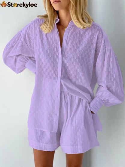 Summer Women Shorts Sets Shirt Shorts Suit 2 Piece Set Sleeve Outfits Homewear - PURPLE / S
