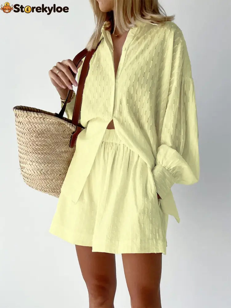 Summer Women Shorts Sets Shirt Shorts Suit 2 Piece Set Sleeve Outfits Homewear - YELLOW / S