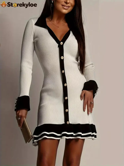 Sweet Angel Knit Contrast Trim Sweater Dress - Black And White / S