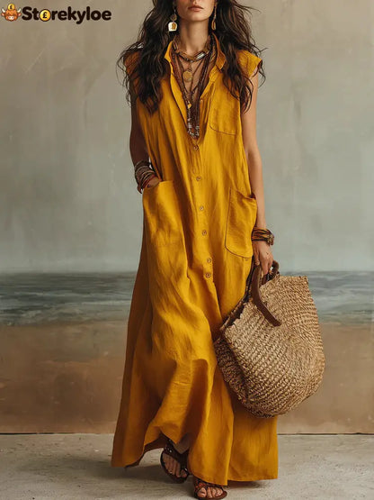 Temperament Commuting Off-Shoulder Bohemian Vacation Loose Shirt Dress - Golden yellow / XS