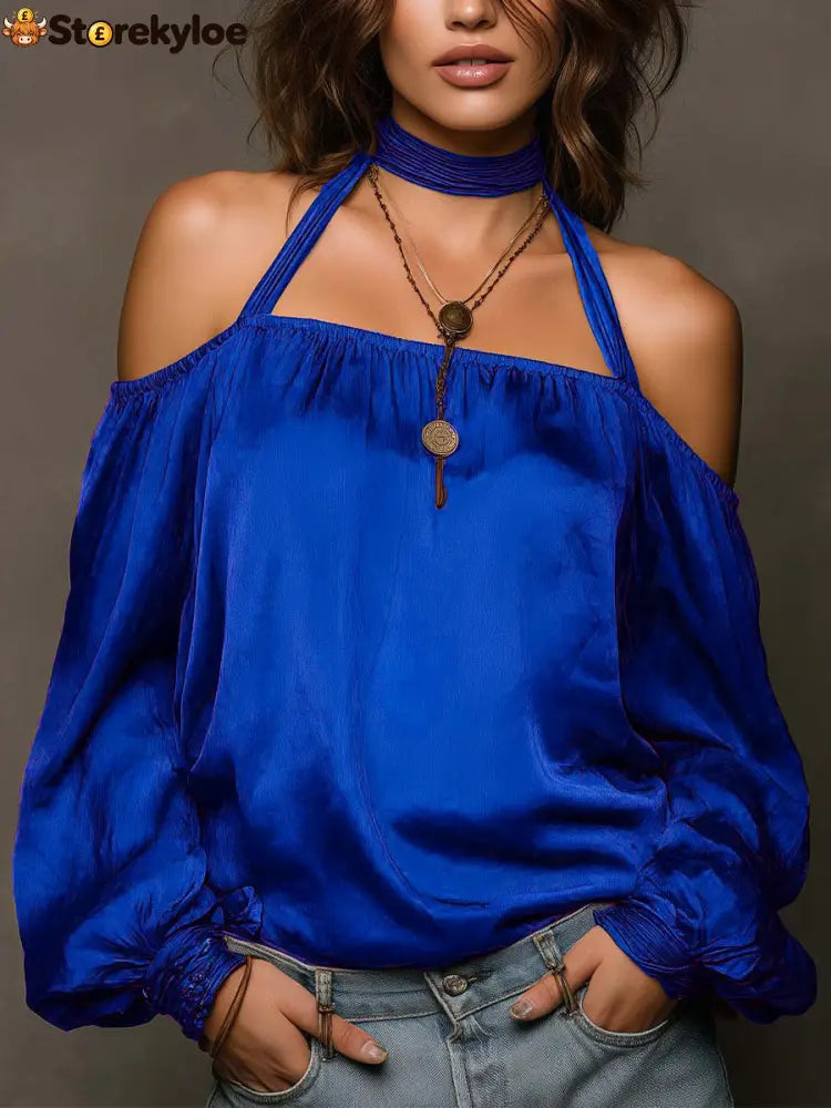 Temperament Off-Shoulder Matte Satin Shirt Top - Blue / XS