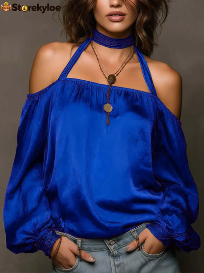 Temperament Off-Shoulder Matte Satin Shirt Top - Blue / XS