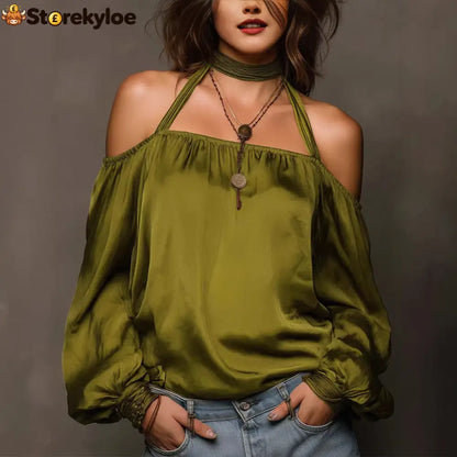 Temperament Off-Shoulder Matte Satin Shirt Top - Olive green / XS