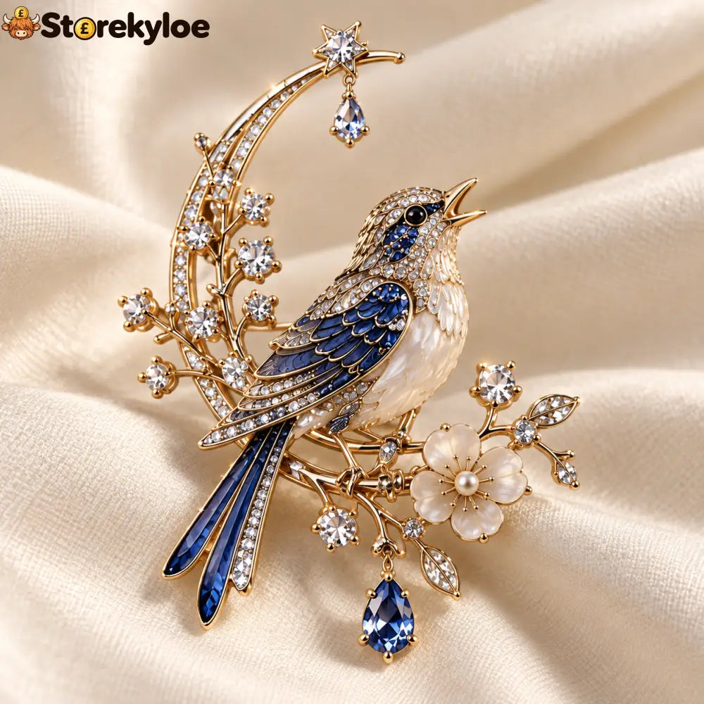 The Nightingale Does Not Come Brooch – A Moonlit Keepsake of Quiet Beauty: A poetic blue-and-gold nightingale brooch