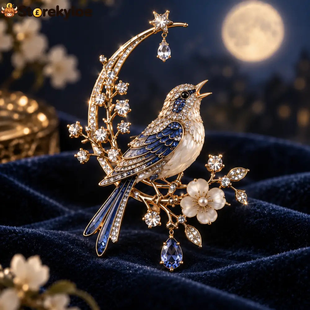 The Nightingale Does Not Come Brooch – A Moonlit Keepsake of Quiet Beauty: A poetic blue-and-gold nightingale brooch