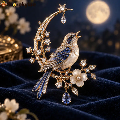 The Nightingale Does Not Come Brooch – A Moonlit Keepsake of Quiet Beauty: A poetic blue-and-gold nightingale brooch