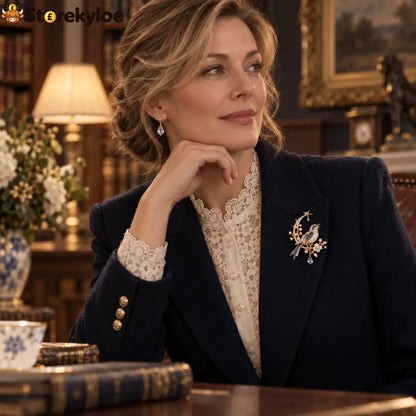 The Nightingale Does Not Come Brooch – A Moonlit Keepsake of Quiet Beauty: A poetic blue-and-gold nightingale brooch