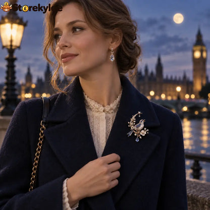 The Nightingale Does Not Come Brooch – A Moonlit Keepsake of Quiet Beauty: A poetic blue-and-gold nightingale brooch