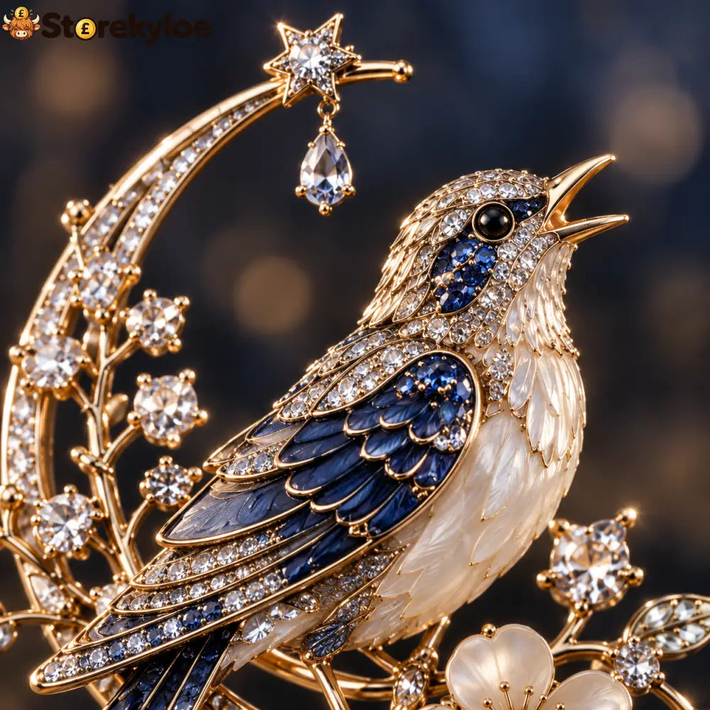 The Nightingale Does Not Come Brooch – A Moonlit Keepsake of Quiet Beauty: A poetic blue-and-gold nightingale brooch