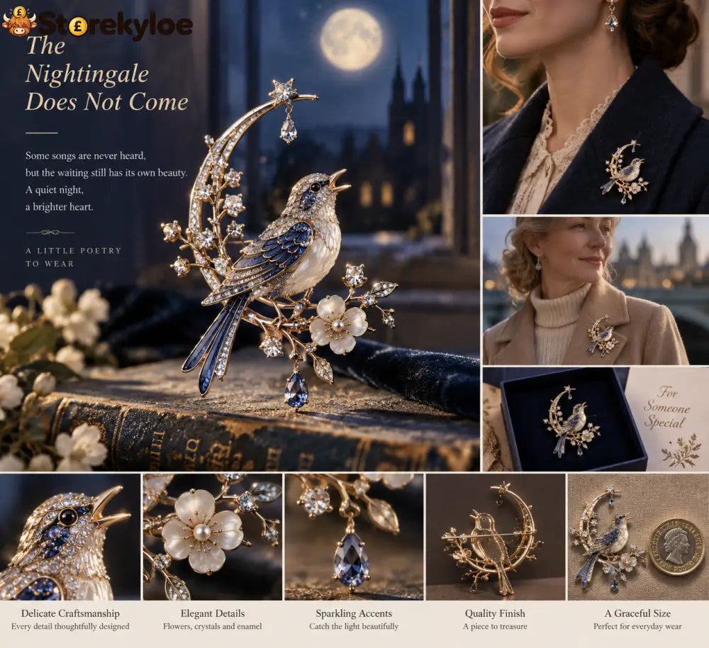 The Nightingale Does Not Come Brooch – A Moonlit Keepsake of Quiet Beauty: A poetic blue-and-gold nightingale brooch