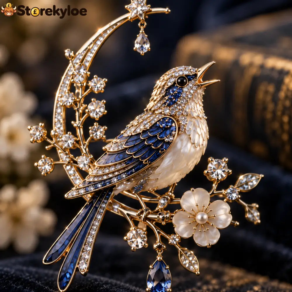 The Nightingale Does Not Come Brooch – A Moonlit Keepsake of Quiet Beauty: A poetic blue-and-gold nightingale brooch