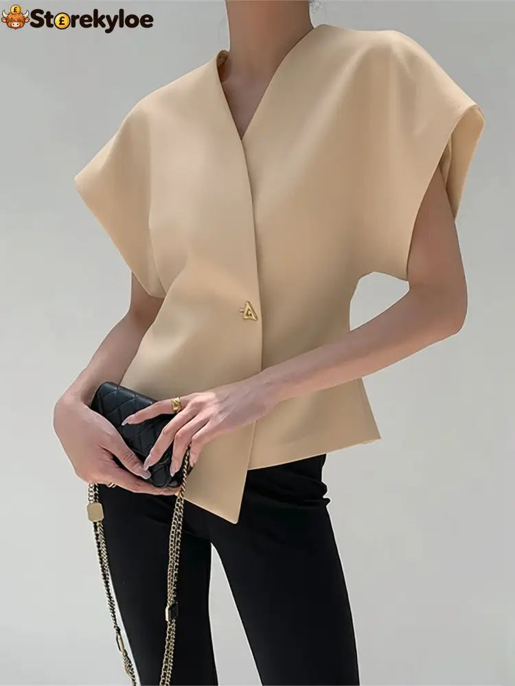 Trendy V-Neck Button Down Blouse - Apricot / S