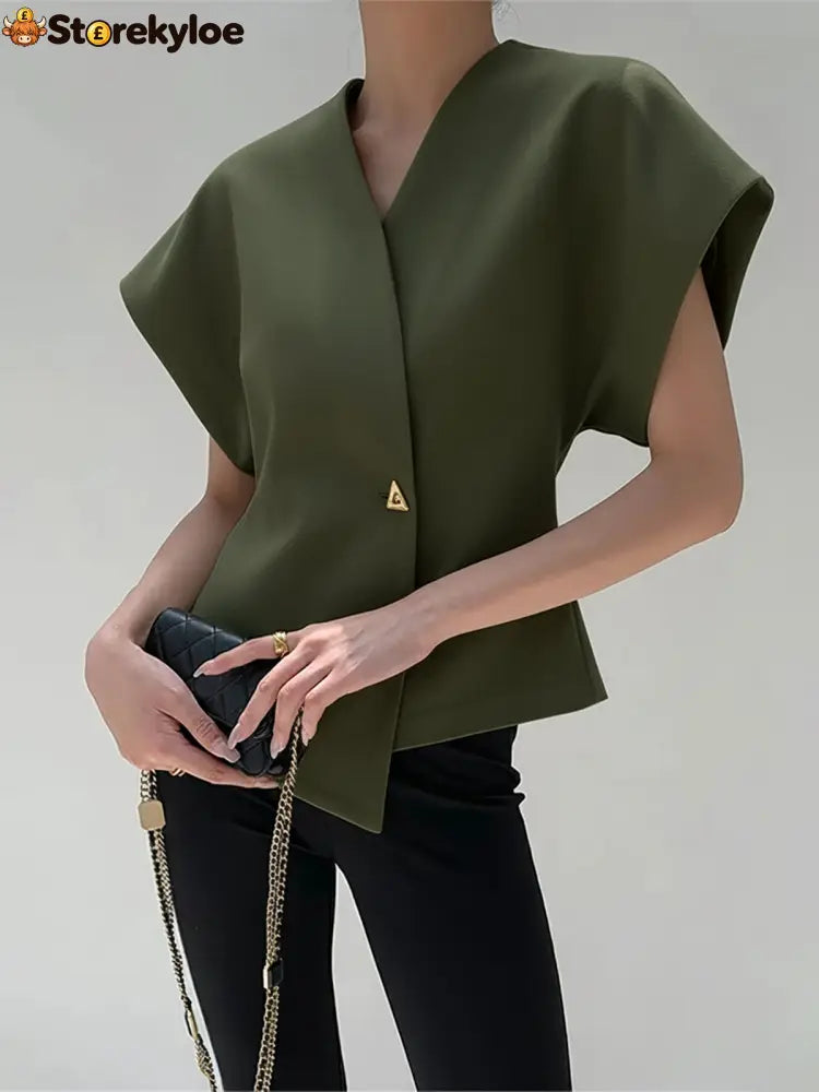 Trendy V-Neck Button Down Blouse - ArmyGreen / S