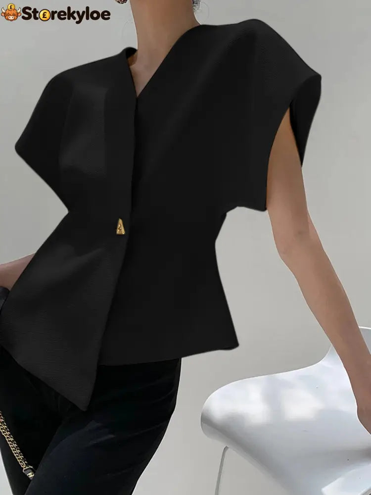 Trendy V-Neck Button Down Blouse - Black / S