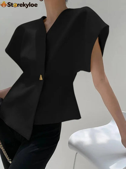 Trendy V-Neck Button Down Blouse - Black / S
