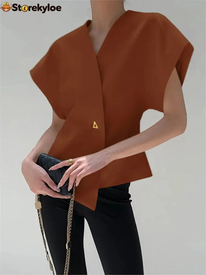 Trendy V-Neck Button Down Blouse - Brown / S