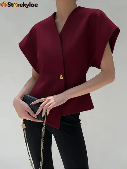 Trendy V-Neck Button Down Blouse - Burgundy / S