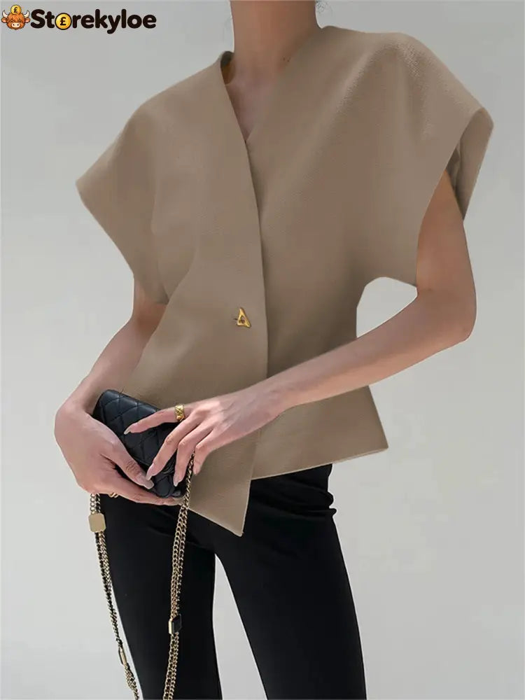 Trendy V-Neck Button Down Blouse - Khaki / S