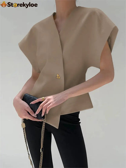 Trendy V-Neck Button Down Blouse - Khaki / S