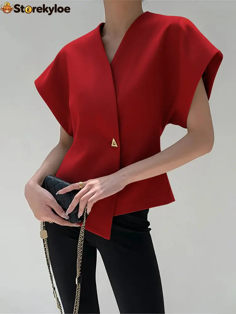 Trendy V-Neck Button Down Blouse - Red / S