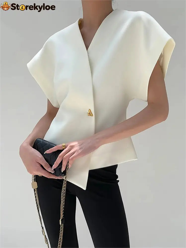 Trendy V-Neck Button Down Blouse - White / S