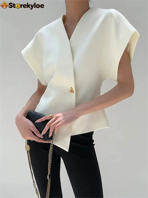 Trendy V-Neck Button Down Blouse - White / S