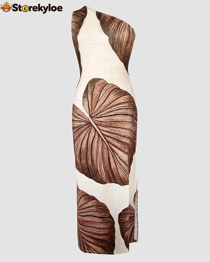 Tropical Print One Shoulder Bodycon Slit Dress Sexy Slim Fit Maxi Dress